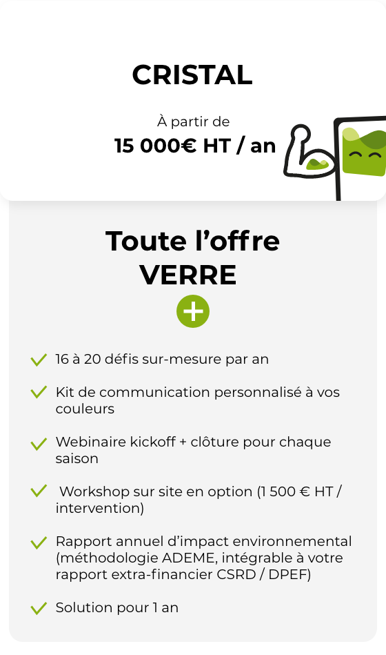 Offre Cristal - solution RSE premium avec défis sur mesure et accompagnement complet inclus