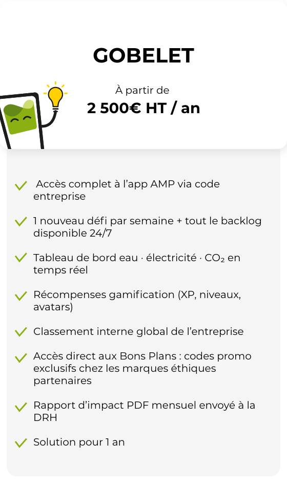 Offre Gobelet - solution RSE entrée de gamme pour PME, défis hebdomadaires et suivi d'impact