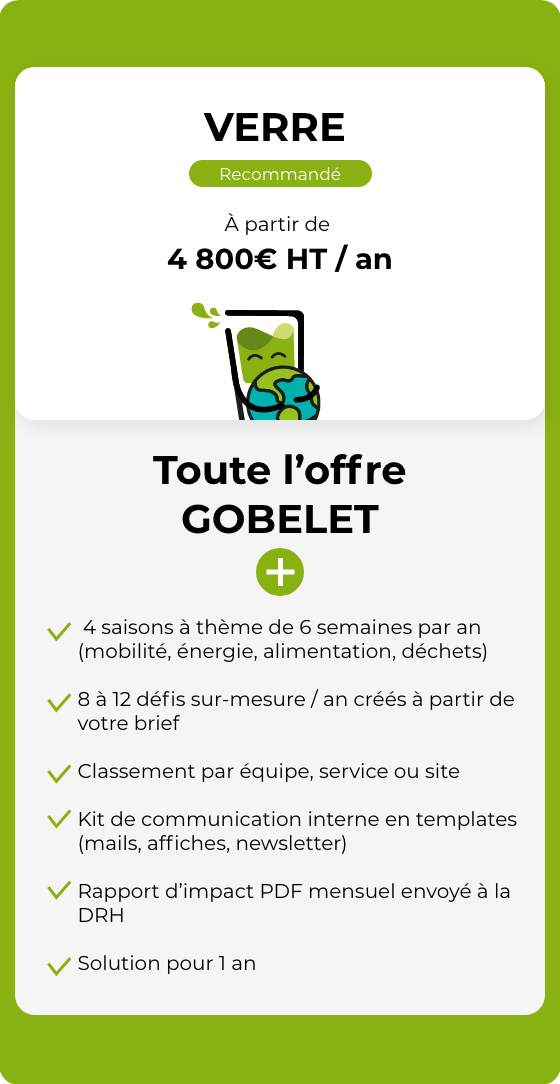 Offre Verre - solution RSE recommandée pour entreprises, défis personnalisés et reporting mensuel